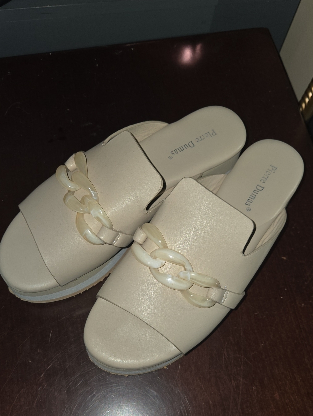 Pierre Dumas Ivory Slide Sandals with Chain Detail